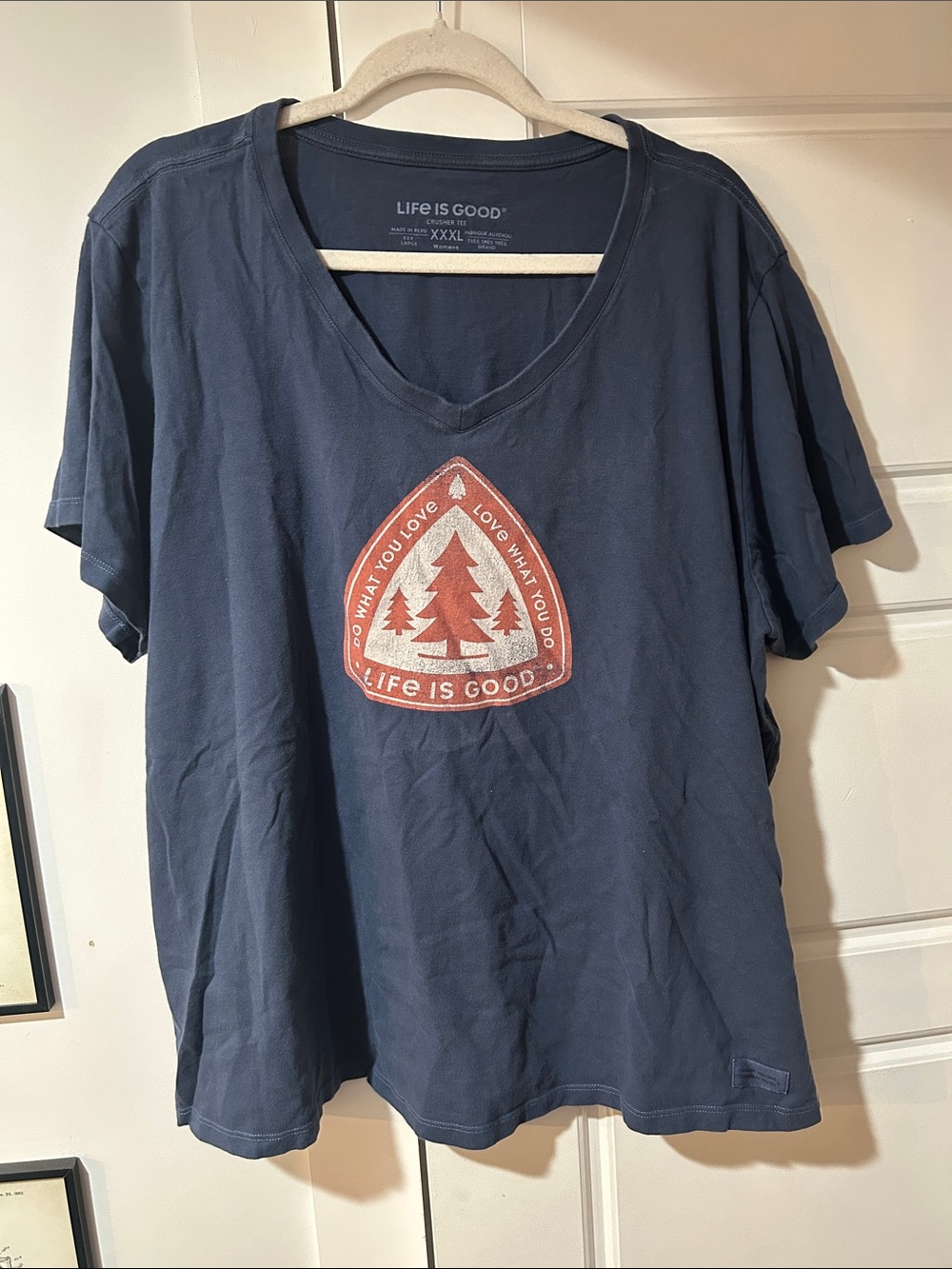 Life Is Good Navy V-Neck Tee with Rust Tree Badge